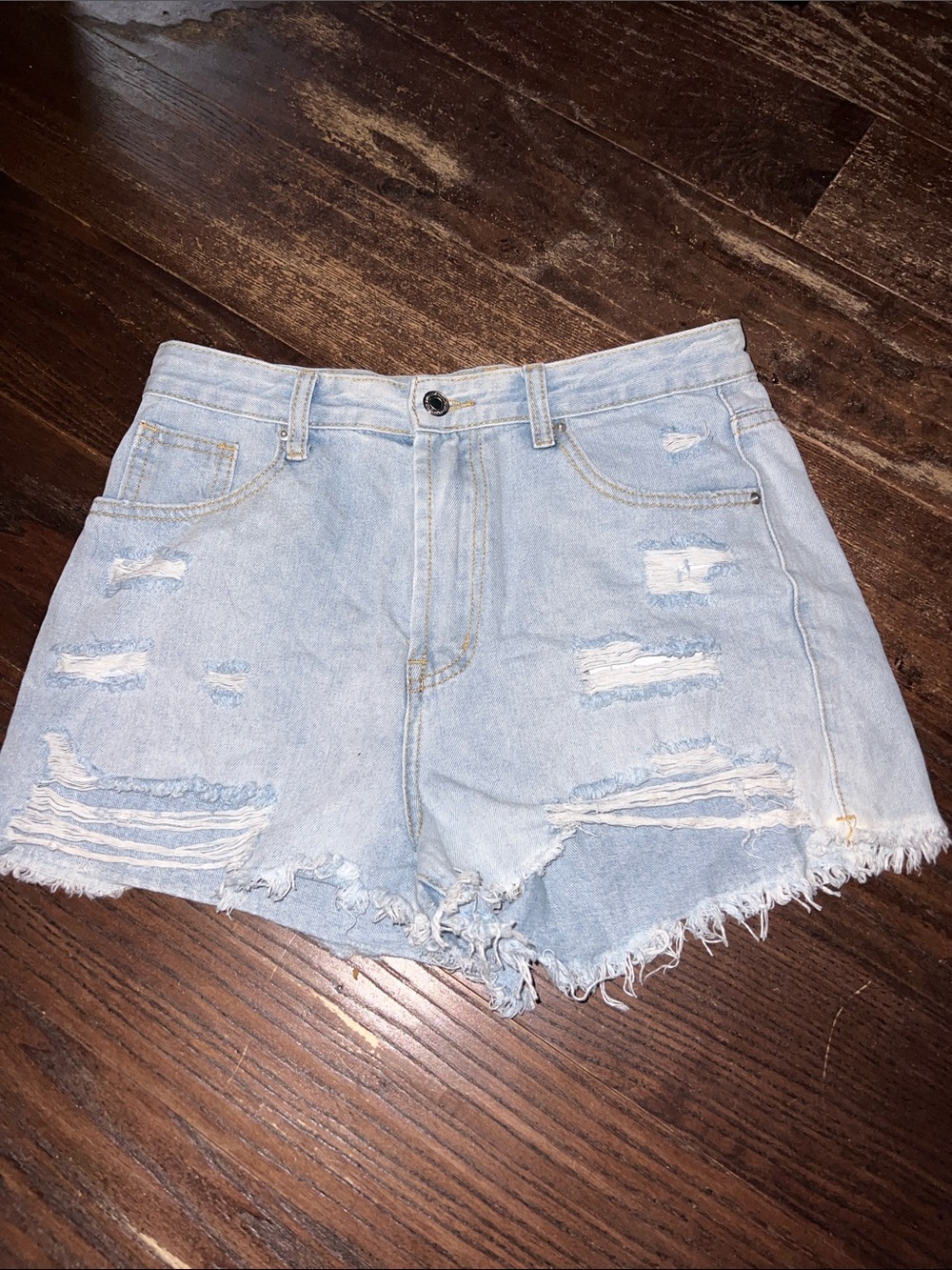 High-Rise Distressed Light Blue Denim Shorts - Women